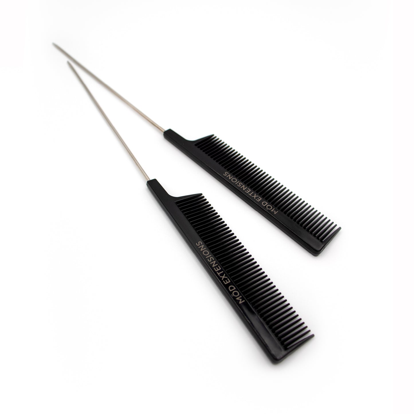 Two black hair styling metal tail combs on a white background