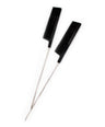 Two black metal tail combs with long handles on a white background