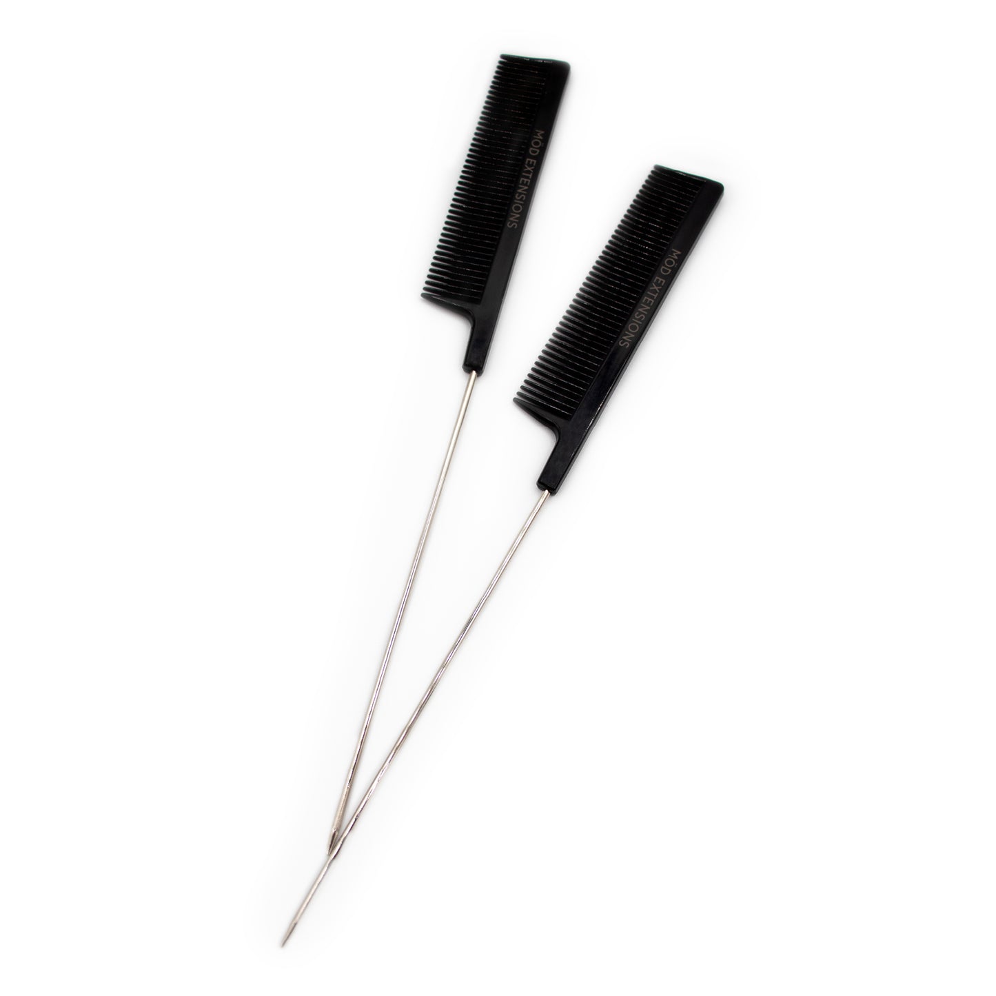 Two black metal tail combs with long handles on a white background