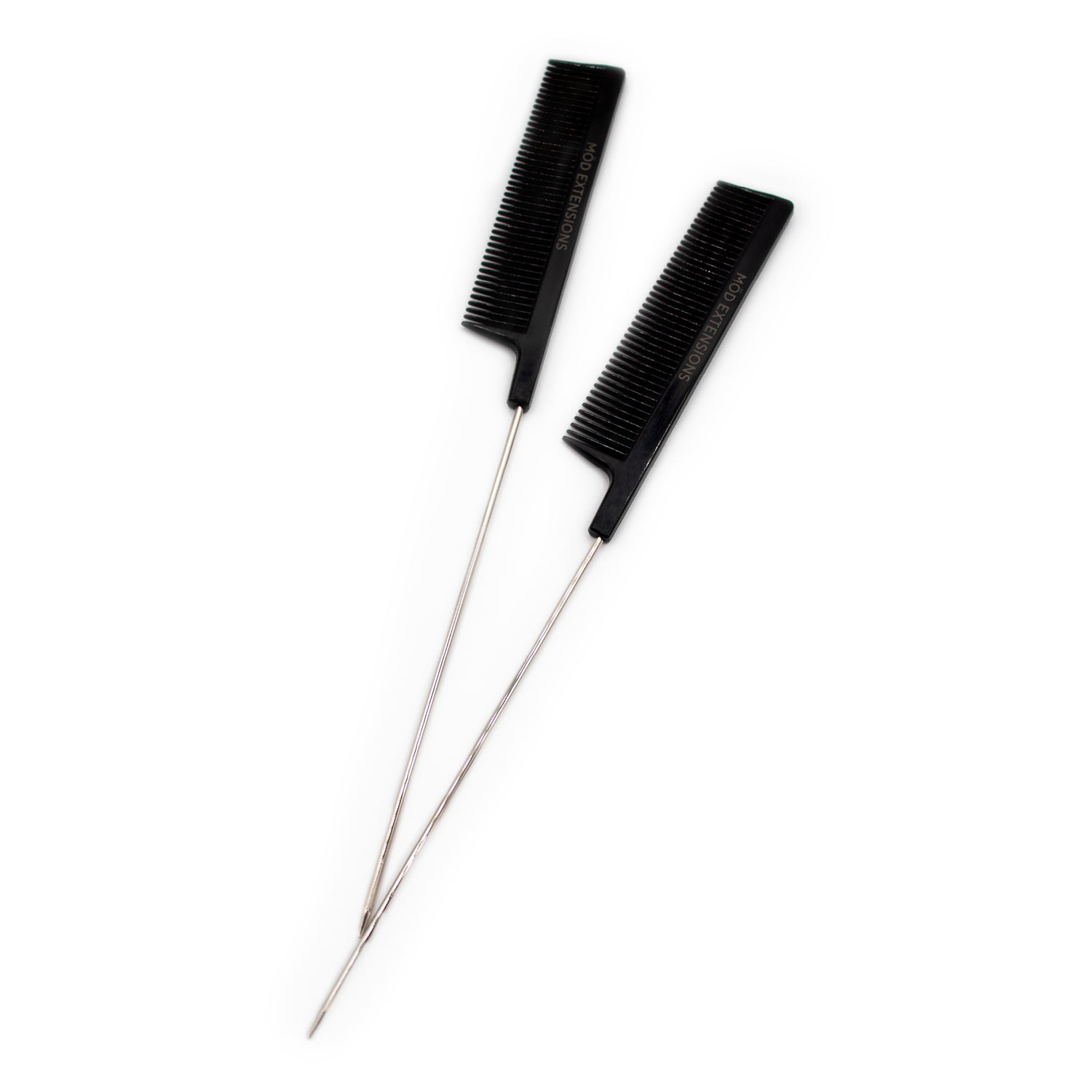 Two black metal tail combs with long handles on a white background