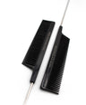 Two black metal tail combs with 'MOD Extensions' branding on a white background