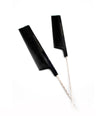 Two black metal tail combs on a white background