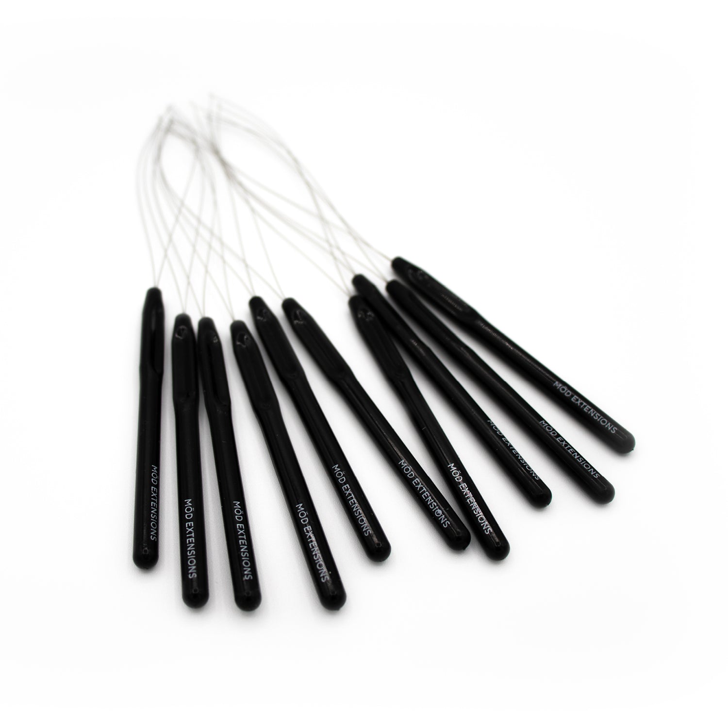 black handle hair threaders on white background